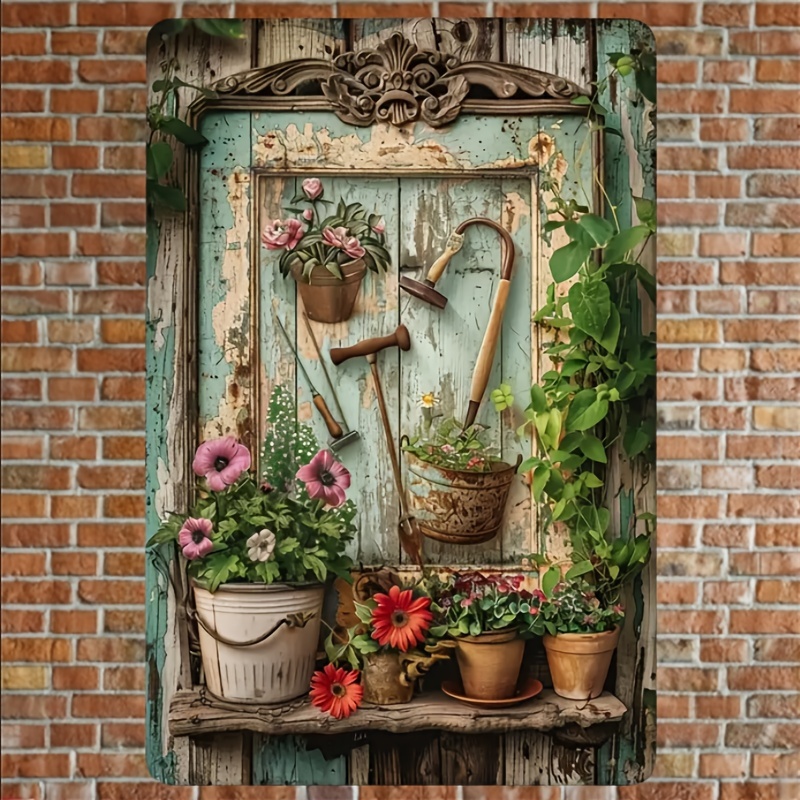 Home Office With Library - Vintage floral metal tin signage, rural